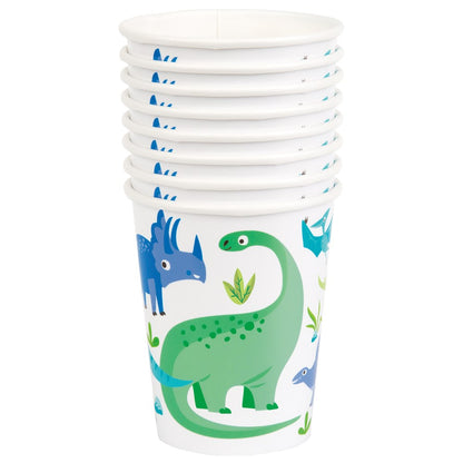 Stack of white disposable cups featuring colorful blue and green cartoon dinosaurs and small green plants.