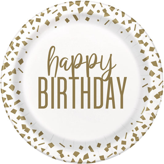 White round paper plate with gold confetti border and "happy birthday" in gold script and block letters in center.