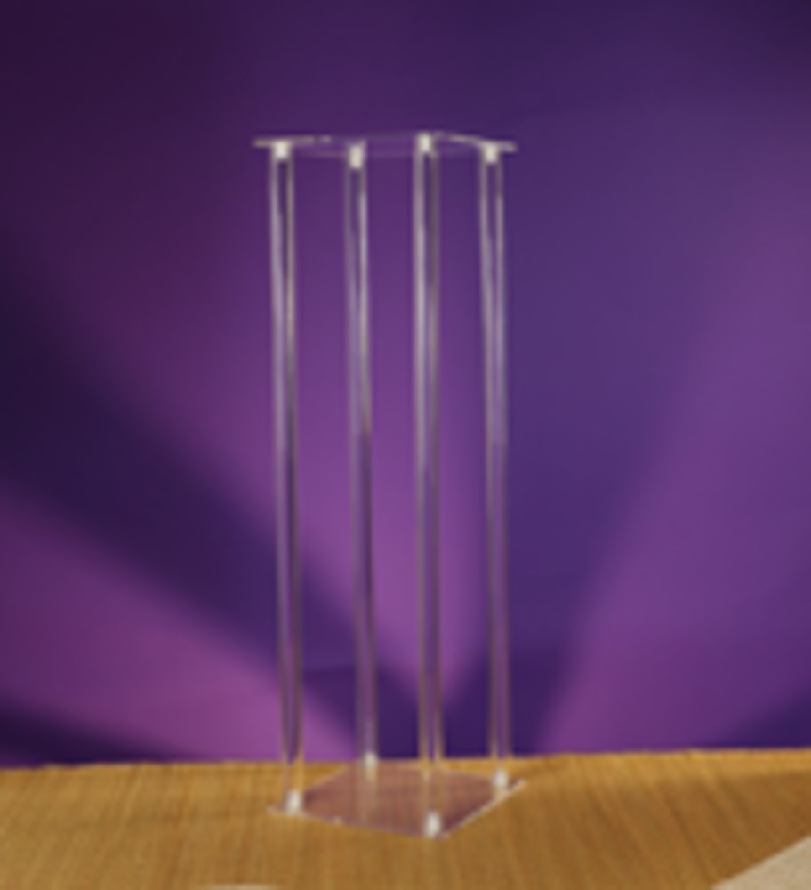Tall clear acrylic pillar centerpiece stand with rectangular top and bottom panels against purple background.