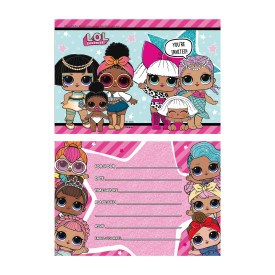 Colorful LOL Surprise birthday invitations featuring six diverse dolls on a pink and blue background with party details lines.