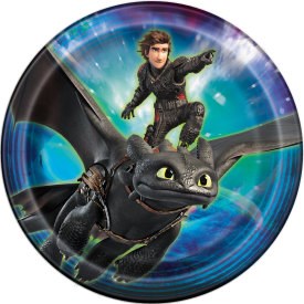 Round paper plate featuring How to Train Your Dragon characters with a black dragon and rider on a blue and purple background.