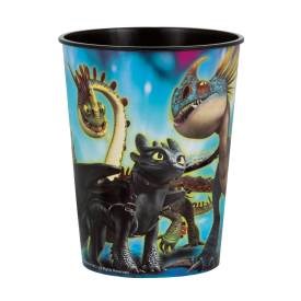 16oz cup featuring colorful How to Train Your Dragon characters with a black rim and interior.