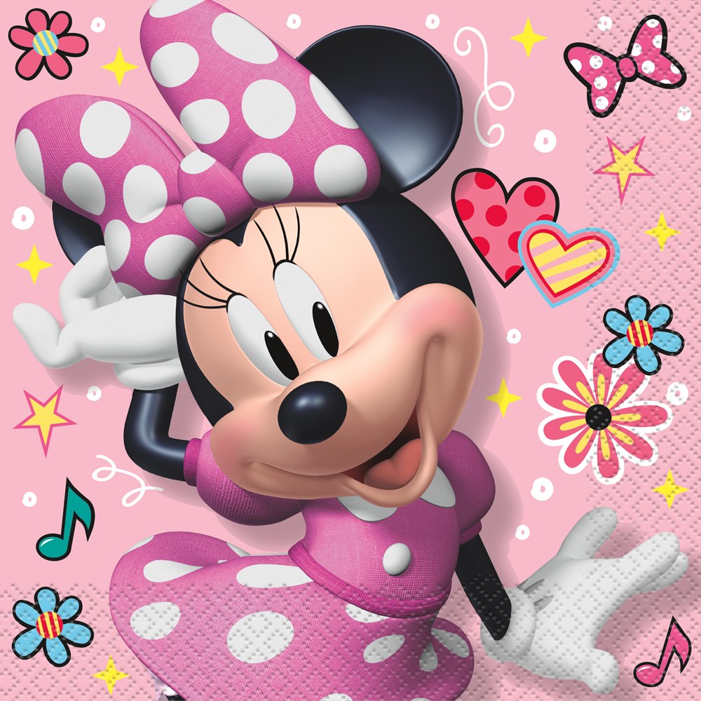 Pink lunch napkin with Minnie Mouse wearing a polka dot dress and bow, surrounded by colorful flowers and hearts.