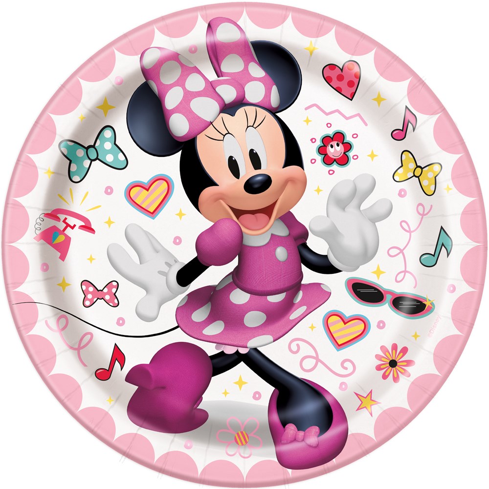 Round 7-inch paper plate with Minnie Mouse in pink polka-dot dress and bow, decorated with colorful hearts, stars, and.