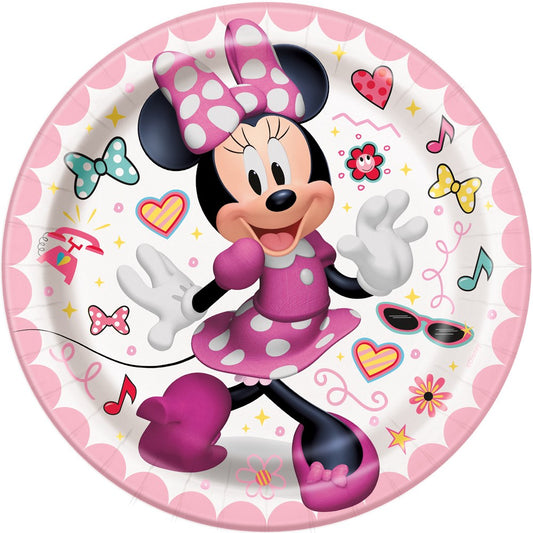 Round 7-inch paper plate with Minnie Mouse in pink polka-dot dress and bow, decorated with colorful hearts, stars, and.