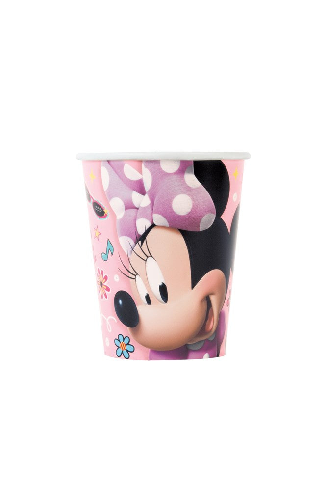Pink 9-ounce plastic cup featuring Minnie Mouse with a polka dot bow and floral accents.