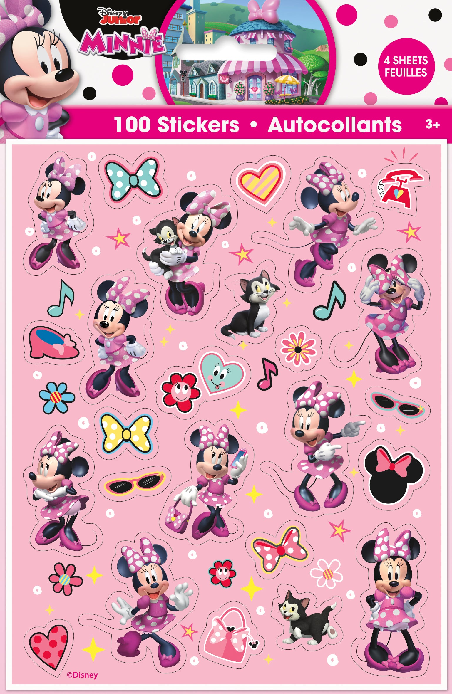 Colorful Minnie Mouse stickers featuring various poses, hearts, bows, and stars on a pink sheet.