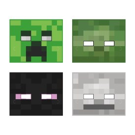 Set of four Minecraft paper masks featuring pixelated Creeper, Zombie, Enderman, and Skeleton faces in green, dark green,.