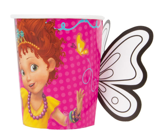 Pink plastic cup featuring Fancy Nancy character with butterfly-shaped white and black handle.