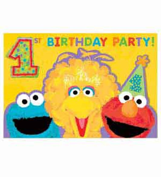 Bright yellow first birthday invitation featuring Sesame Street characters Cookie Monster, Big Bird, and Elmo wearing a.
