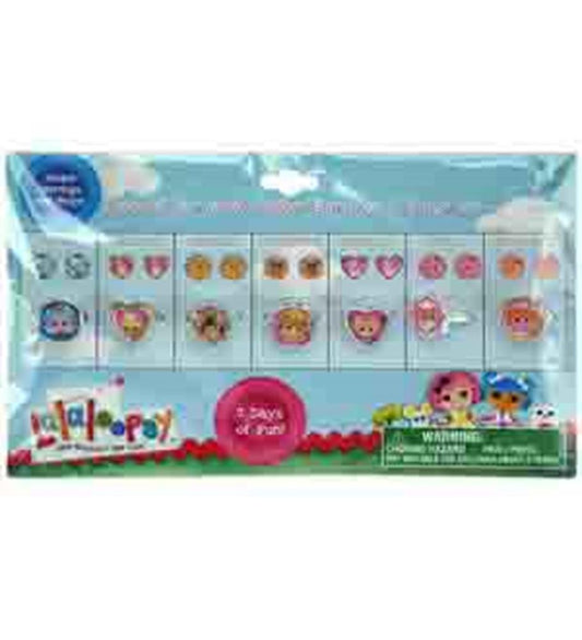 Colorful Lalaloopsy-themed earrings and rings set with heart and character designs in clear packaging.