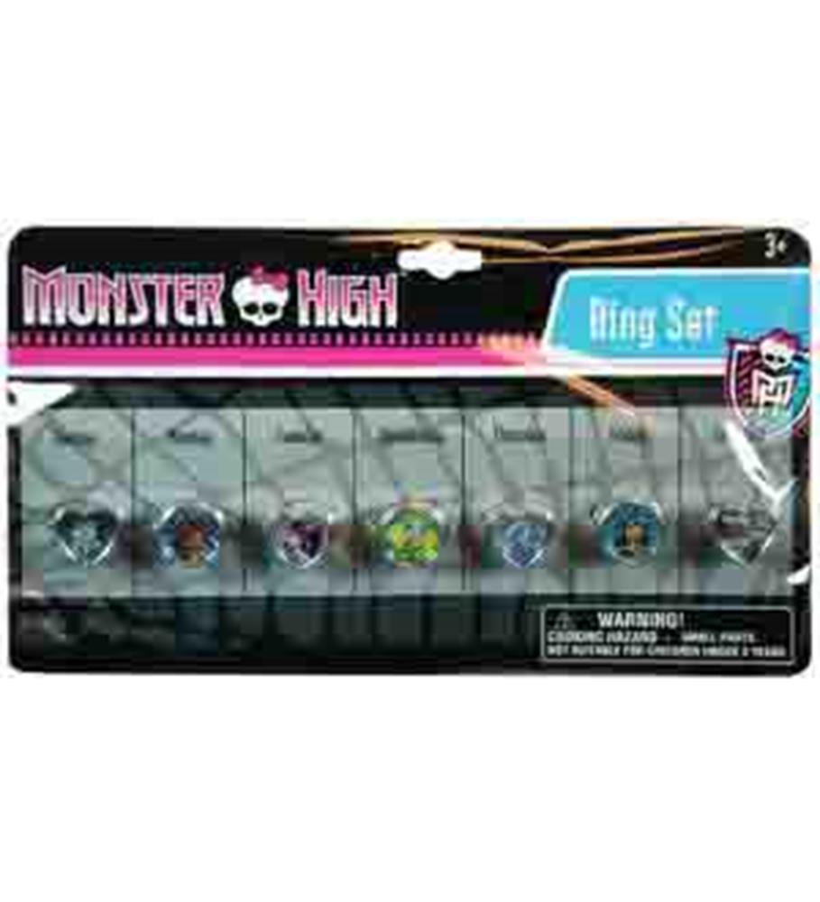 Set of seven colorful plastic rings with different glittery designs, each representing a day of the week, in clear plastic.