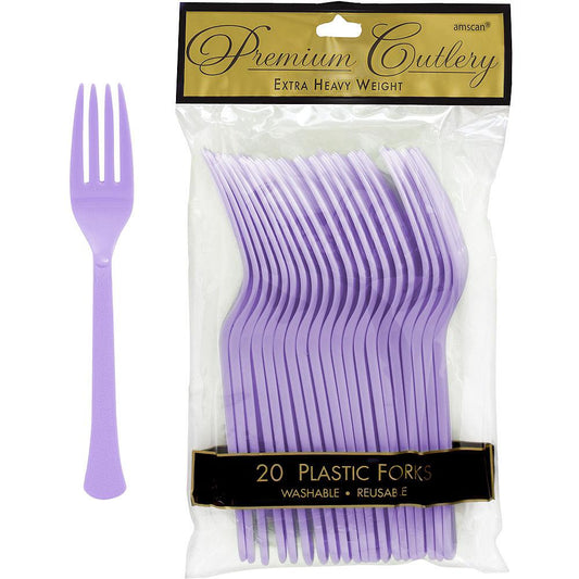 Set of 20 lavender-colored plastic forks with tapered handles and four prongs in clear packaging.