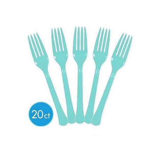 Set of five robin's egg blue plastic forks with 20-count label.