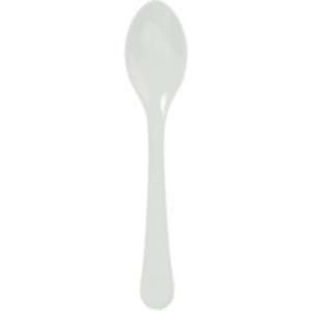 White plastic spoon with a smooth, rounded handle and shallow bowl.
