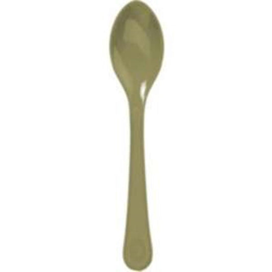 20ct gold-colored metal spoon with smooth, rounded bowl and straight handle.