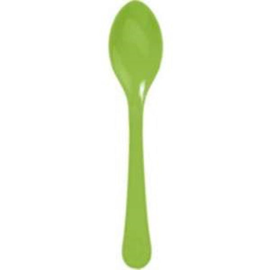 Set of 20 bright green plastic spoons with rounded handles and smooth finish.