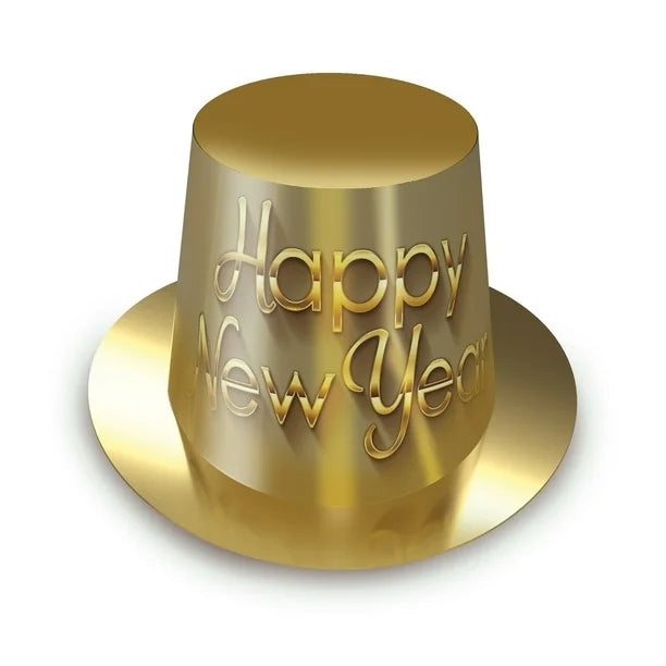 Shiny gold metallic party hat with "Happy New Year" embossed in raised letters.