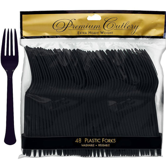 48 black heavy-weight plastic forks in clear sealed package labeled Premium Cutlery.