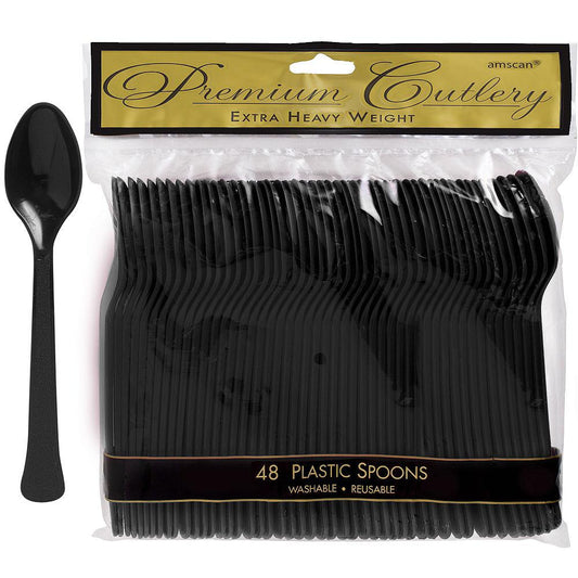 Pack of 48 jet black heavy weight plastic spoons with one spoon displayed outside the packaging.