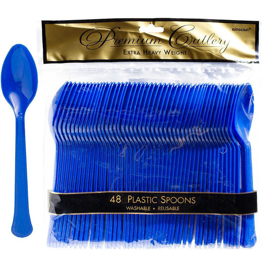 48 royal blue heavy-weight plastic spoons in resealable packaging with one spoon displayed separately.