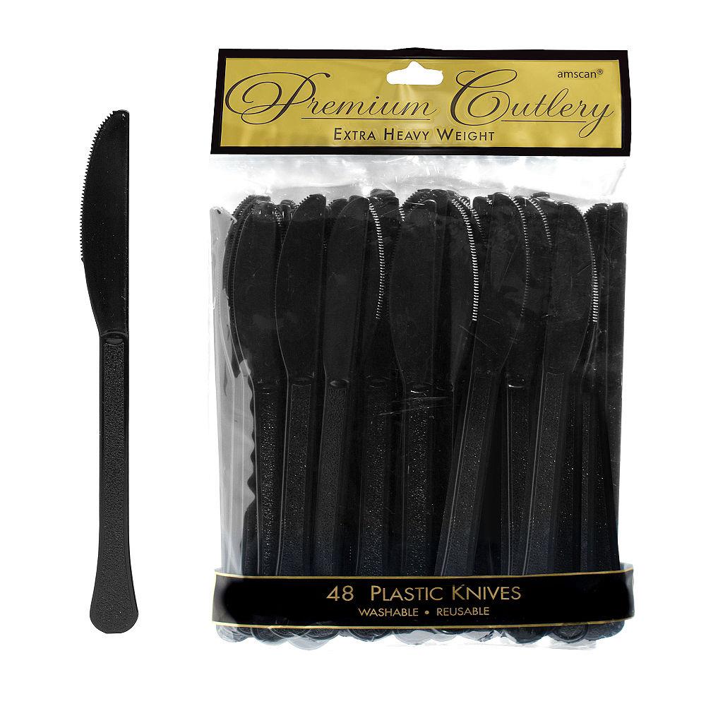 Package of 48 jet black plastic knives with serrated edges in clear packaging labeled Premium Cutlery.