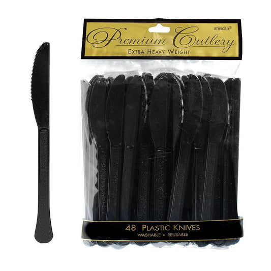Package of 48 jet black plastic knives with serrated edges in clear packaging labeled Premium Cutlery.