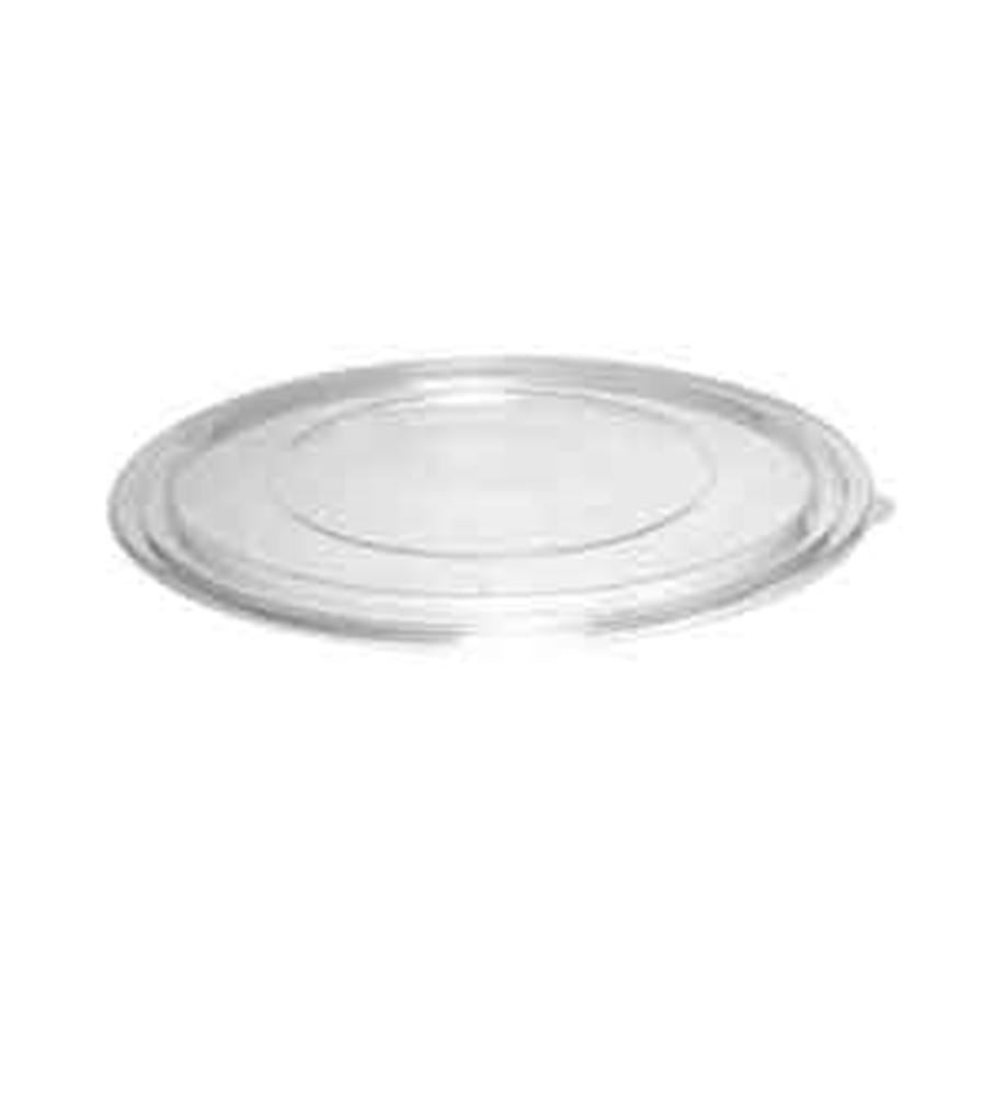 Clear round soft plastic bowl lid with a flat top and raised outer rim.