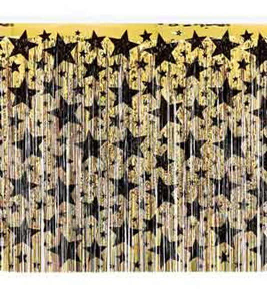 Gold metallic table skirting with alternating black and gold star patterns and vertical fringe strands.