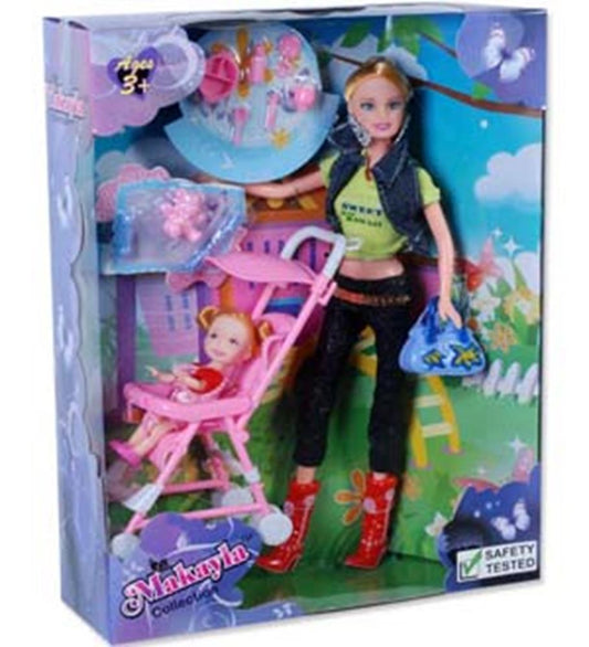 Blonde doll wearing green top, black jacket, and red boots standing next to pink stroller holding baby doll with pink outfit