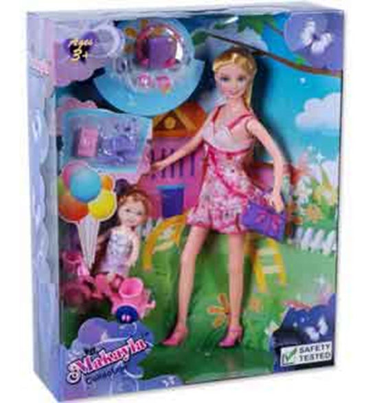 Makayla doll in pink dress with tricycle and child doll wearing plaid outfit in colorful toy set packaging.
