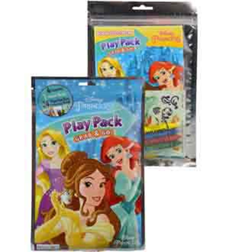 Disney Princess themed play pack with coloring sheets, crayons, and stickers in a resealable plastic bag, 8.25x5.25 inches.