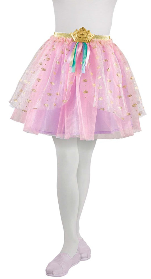 Pink toddler tutu with gold star accents, layered tulle, and a gold rose belt buckle with blue ribbon tails.