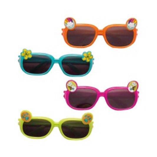 Set of four colorful novelty sunglasses in orange, teal, pink, and lime green with dark lenses and flower or cupcake.