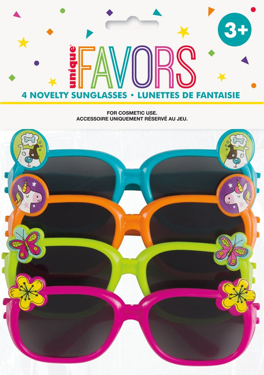 Four pairs of novelty sunglasses in blue, orange, lime green, and pink frames with dark lenses and colorful butterfly.