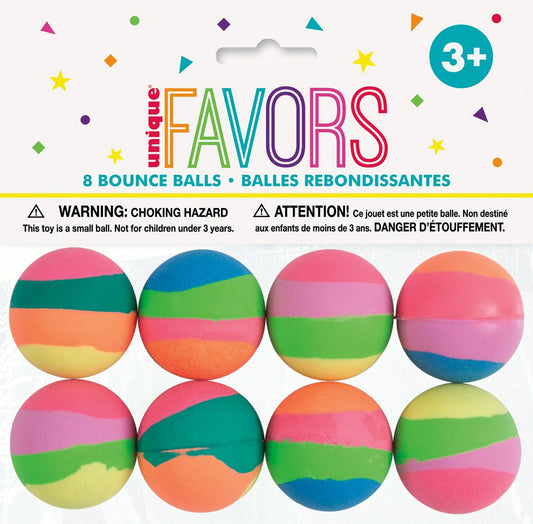 Set of eight 35mm rubber bounce balls with pastel stripes in pink, green, orange, blue, and purple colors on a white card.