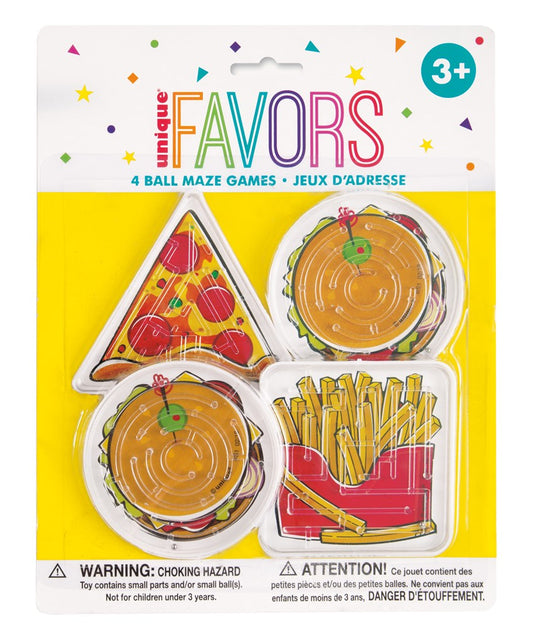 Set of four colorful ball maze games shaped like pizza slice, French fries box, and hamburgers in clear plastic cases on.
