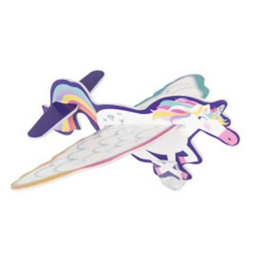 Colorful paper unicorn glider with purple wings, rainbow tail, and pink mane and horn.