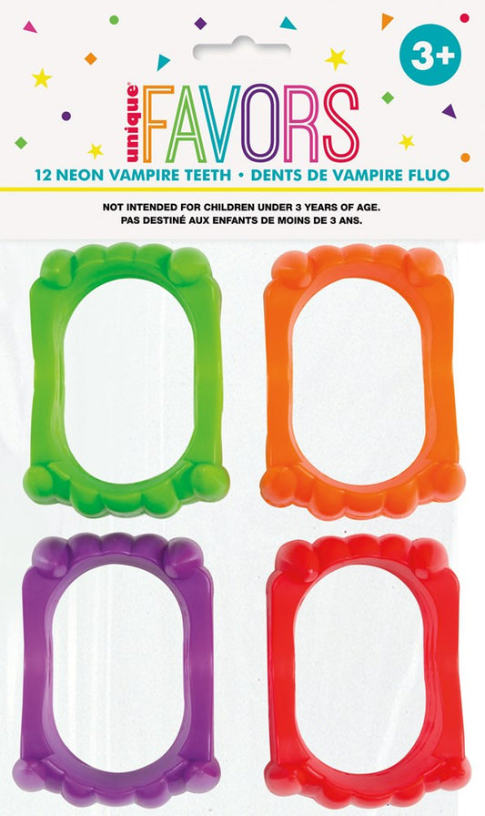 Set of 12 plastic vampire teeth favors in neon green, orange, purple, and red with scalloped edges.