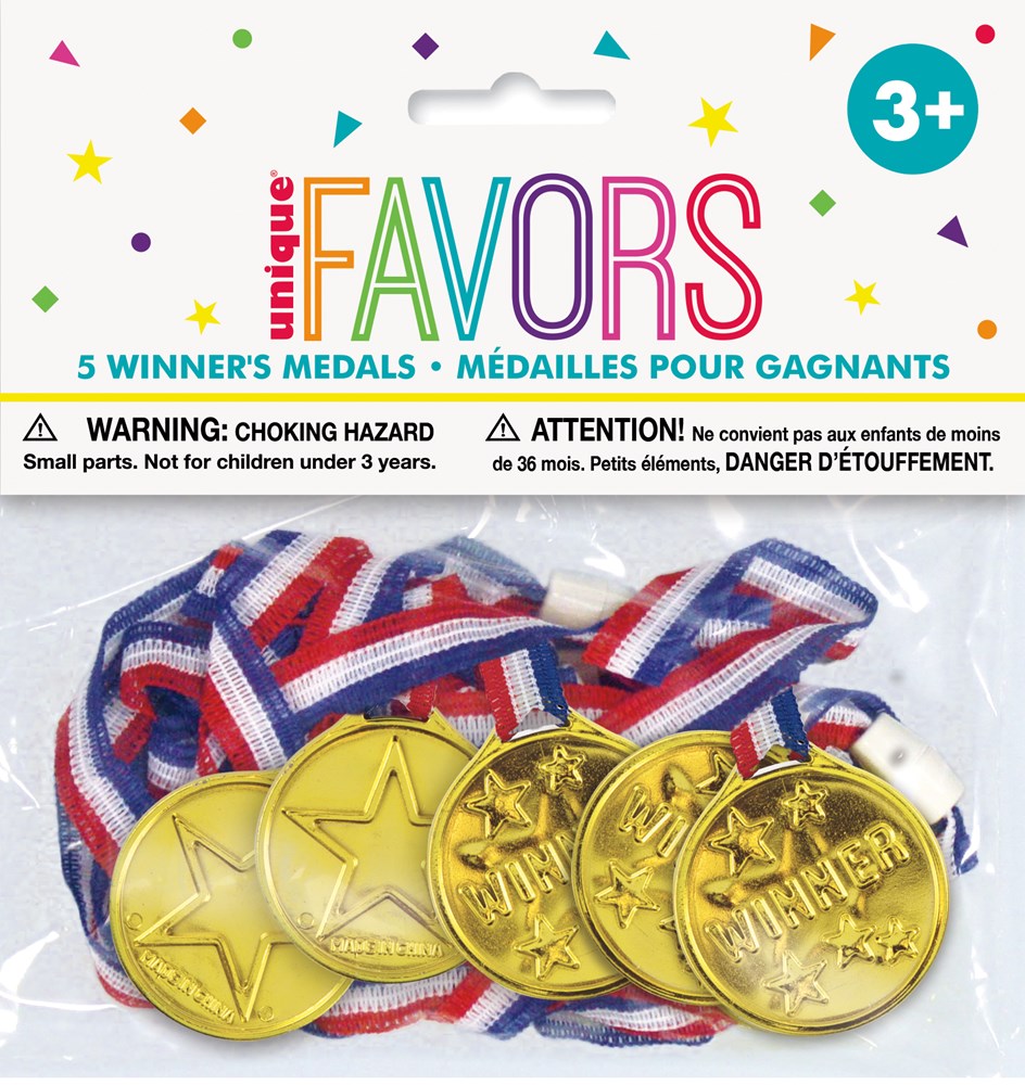 Five gold winner medals with red, white, and blue striped ribbons in clear packaging labeled for party favors.