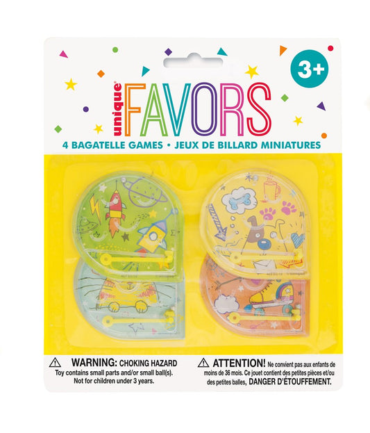 Set of four colorful round mini pinball games with cartoon designs in plastic packaging labeled "Favors" for ages 3+.