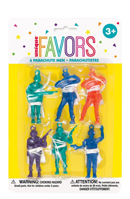 Six colorful plastic parachute men toys in blue, red, green, teal, and purple, packaged on a white card with multicolor text
