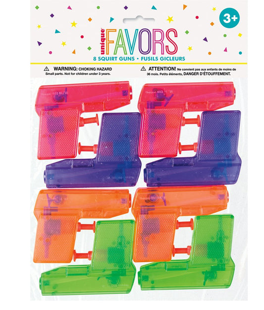 Set of six small translucent plastic squirt guns in red, purple, orange, and green colors, packaged on a white card with.