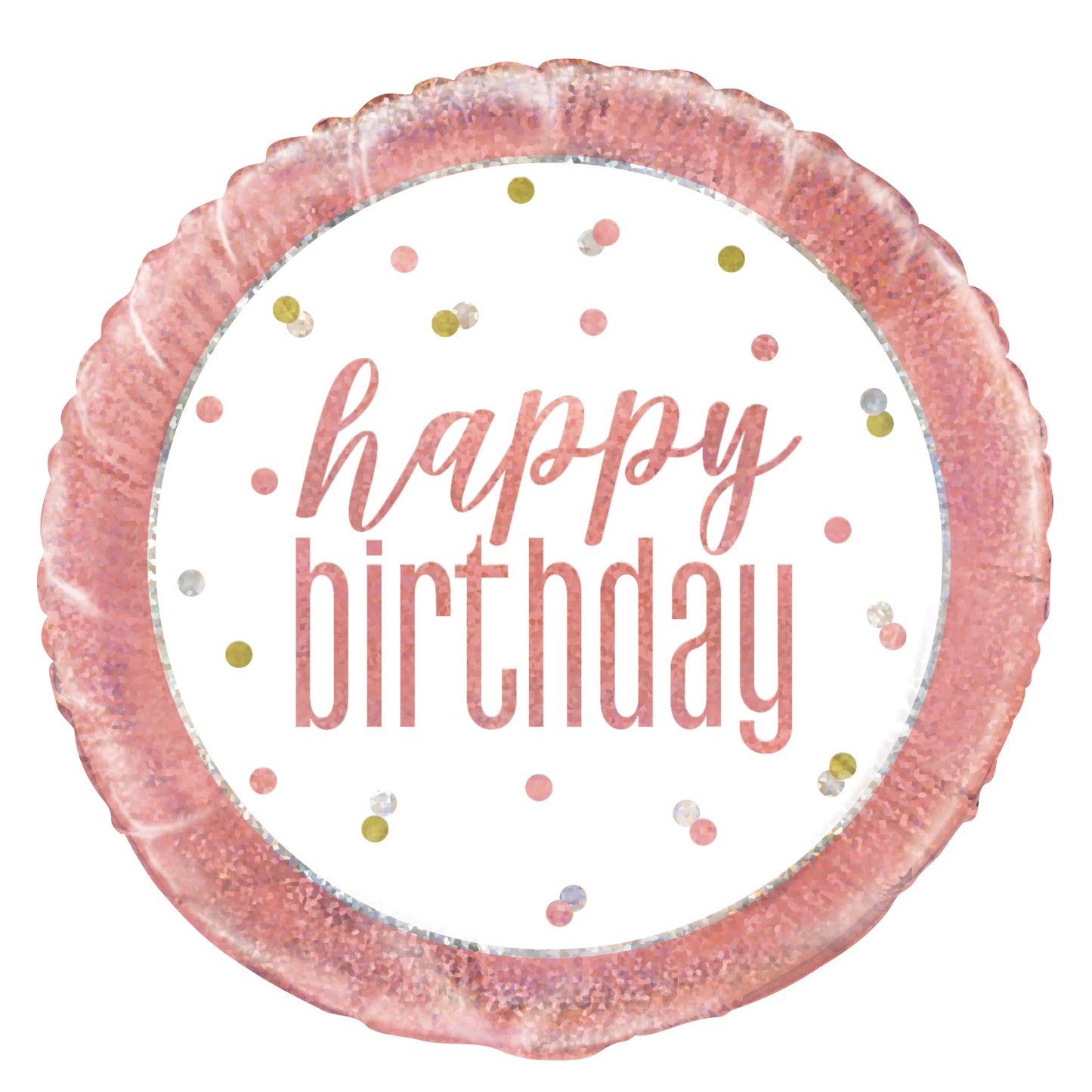 18-inch round rose gold foil balloon with scalloped edges and "happy birthday" script in center surrounded by gold, pink,.