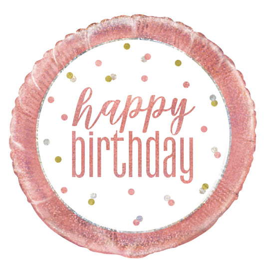 18-inch round rose gold foil balloon with scalloped edges and "happy birthday" script in center surrounded by gold, pink,.