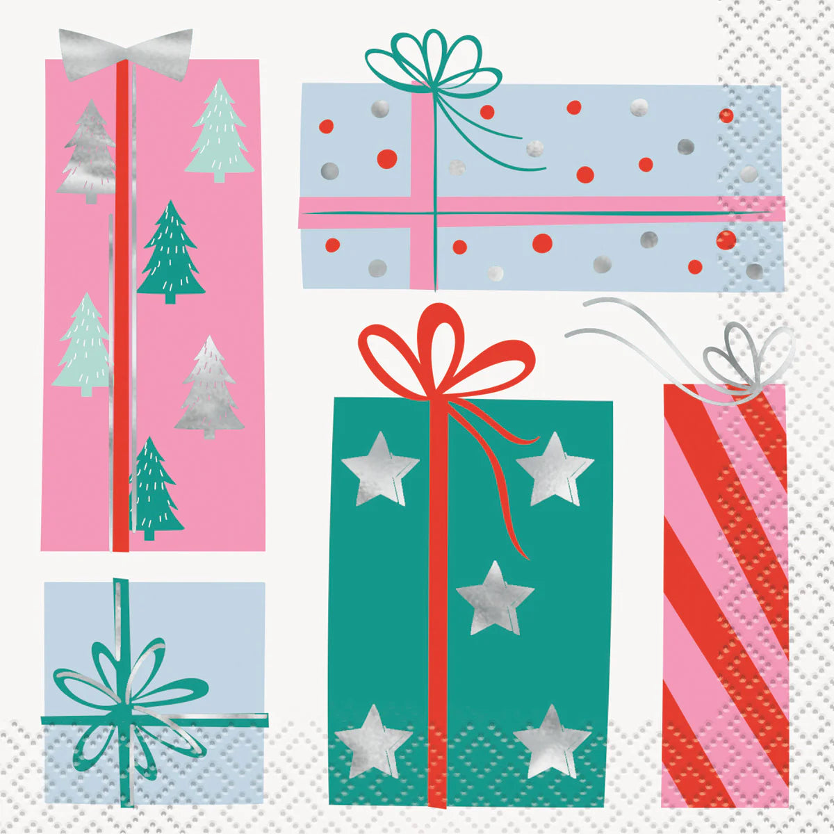 Christmas napkin with colorful gift box designs in pink, blue, green, and red featuring ribbons and star accents.