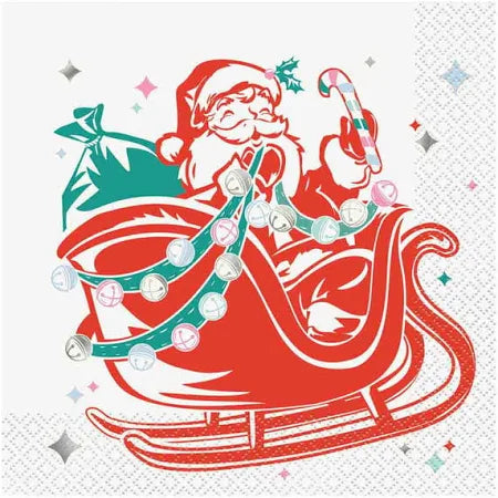 Red and white Santa Claus on a sleigh holding a candy cane with a string of bells, 16-pack Christmas dinner napkin.