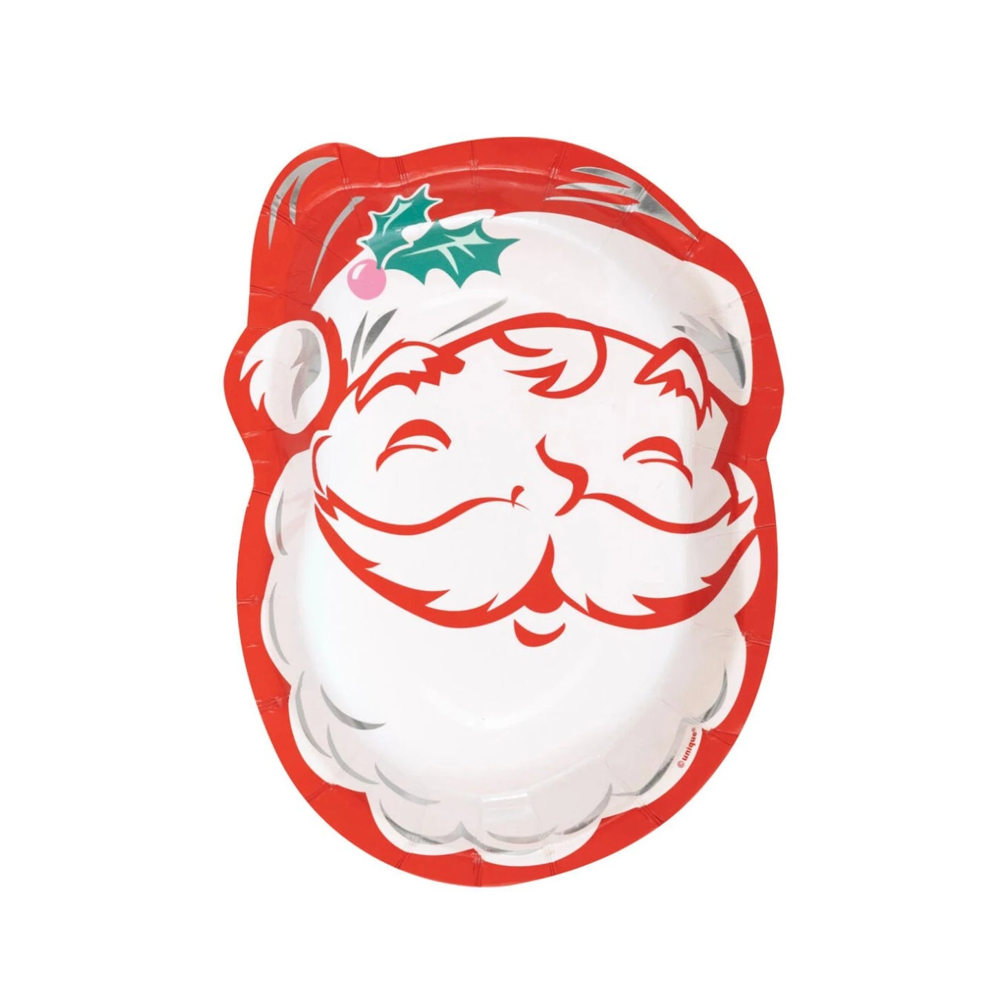 Santa-shaped paper plate with red hat, white beard, and green holly decoration, 8-count pack.