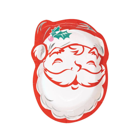 Santa-shaped paper plate with red hat, white beard, and green holly decoration, 8-count pack.