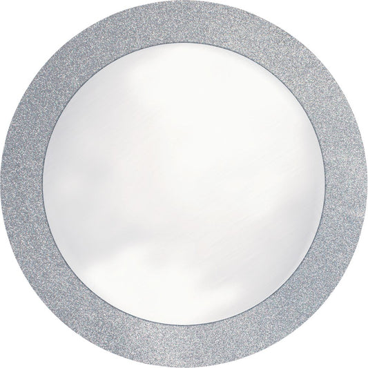 Round placemat with a 14-inch diameter, featuring a silver glitter border and a smooth white center.